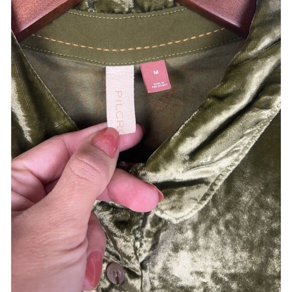 Pilcro Anthropologie Relaxed Velvet Green Mustard Buttondown Shirt Sz M - Picture 7 of 13